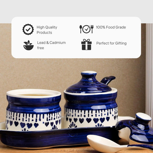 Blue Drape Ceramic Pickle Jar with Tray & Spoon (250 ML Each) - The Earth Store - Multipurpose Jars